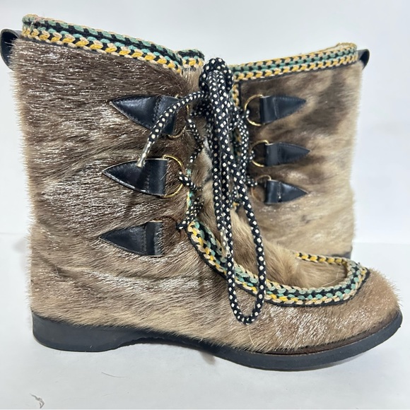 Vintage 80s Seal Skin Lace Up Winter Boots Shearling Braided & Leather Trim 6.5 - Picture 7 of 16